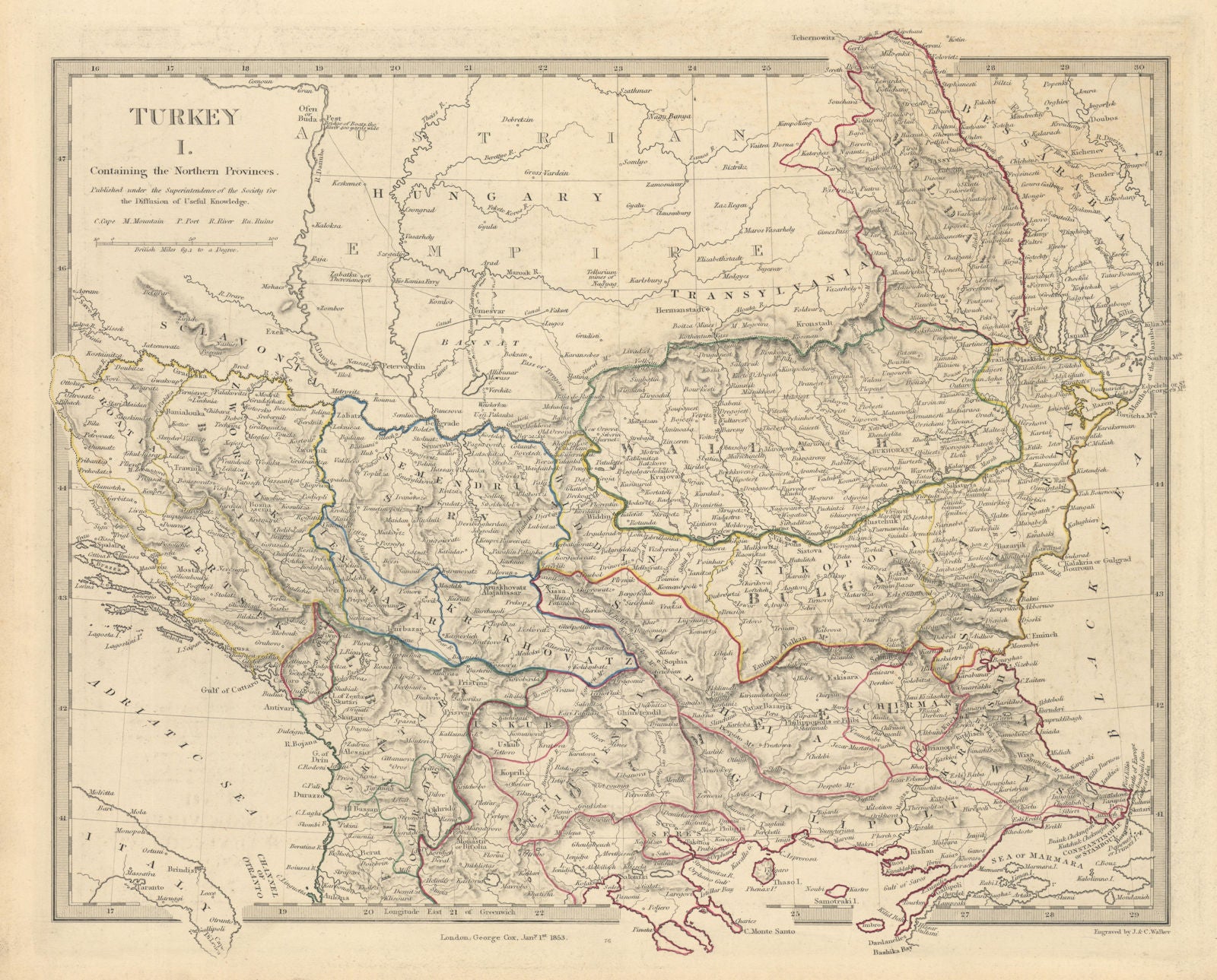 BALKANS. Northern Ottoman provinces. Wallachia Bulgaria Albania. SDUK 1853 map